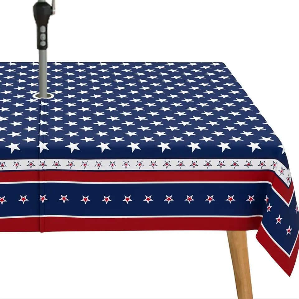 Fourth of July Outdoor Tablecloth with Umbrella Hole Memorial Day Patriotic Table Cloth American Flag, Stars Partio Table Cloths with Zipper-60 x84 Rectangle
