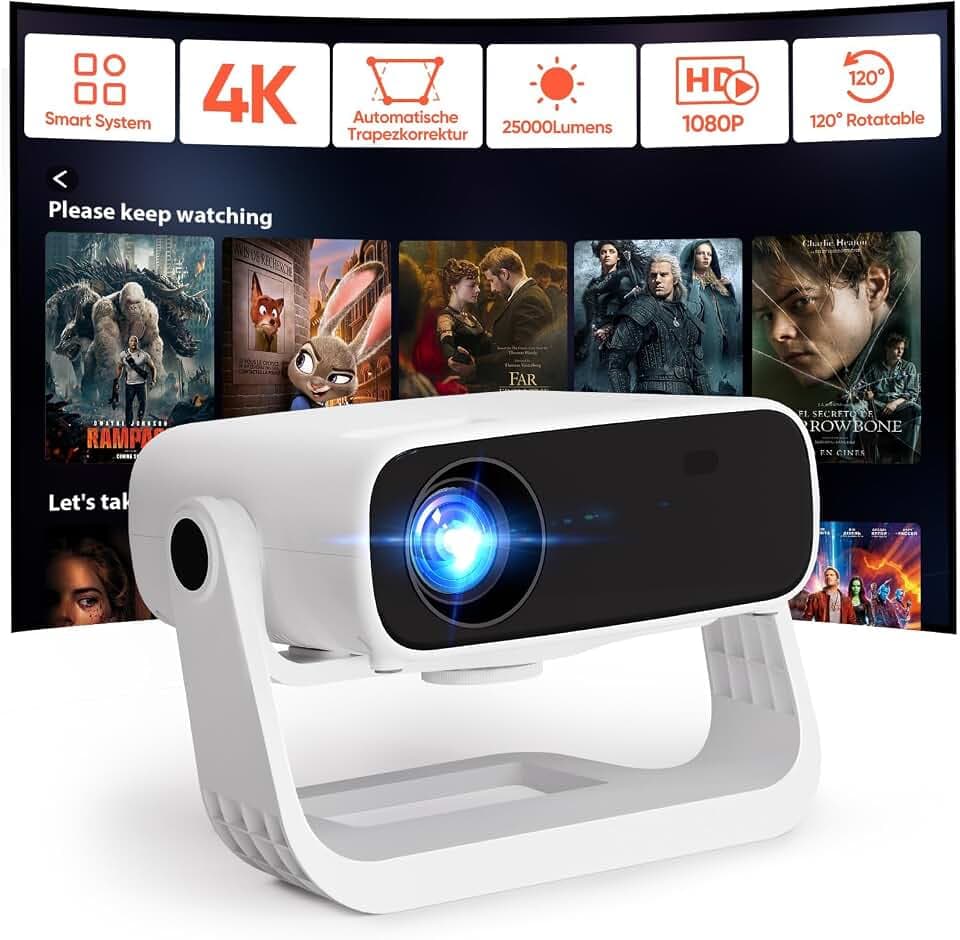 Smart Beamer25000 Lumens, Android 11,Integrierte Apps, 4D Trapezkorrektur,Heimkino 4K Beamer mit 120° drehbarem Ständer,WiFi 6 & BT 5.2,