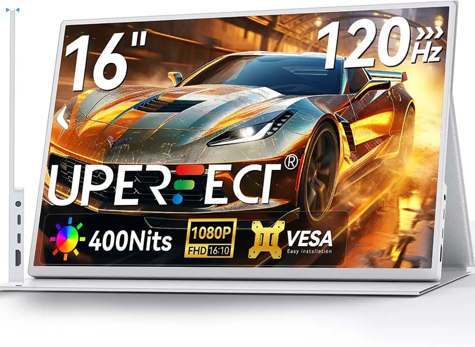 UPERFECT Portable Monitor 16 Zoll 120Hz Tragbarer Monitor für Gaming 16:10 FHD 1080P IPS mit HDMI USB C für Laptop/Spielkonsole/Phone, Metal Housing, VESA-Kompatibel