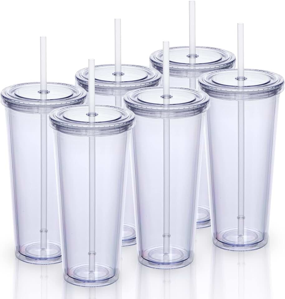 24oz Double Wall Plastic Tumblers with Lids and Straws | Large Classic Travel Tumbler | 6 Pack Set of 6 | Clear Reusable Cups with Straws | BPA Free