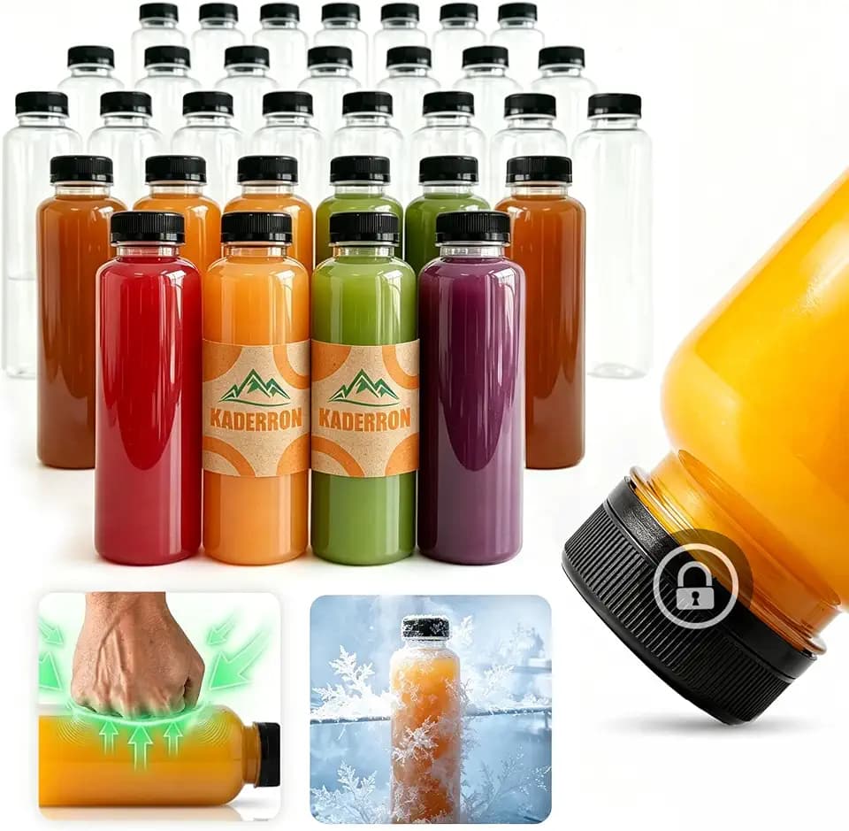 Kaderron 48pcs 8oz Plastic Juice Bottles with Caps, Empty PET Disposable Plastic Bottles, Clear Bulk Drink Containers with Black Tamper Evident Lids for Juicing, Drinking and Other Beverages