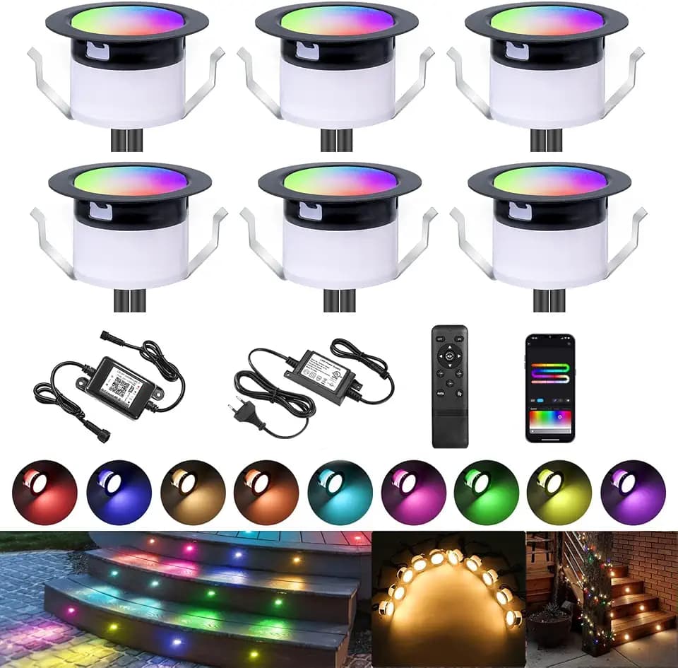 6er Set WiFi RGBIC LED Bodeneinbaustrahler Außen, Ø31mm Smart Terrassenbeleuchtung Warmweiß dimmbar, IP67 Wasserdicht Bodenstrahler kompatibel mit Alexa & Google Home, App-Steuerung
