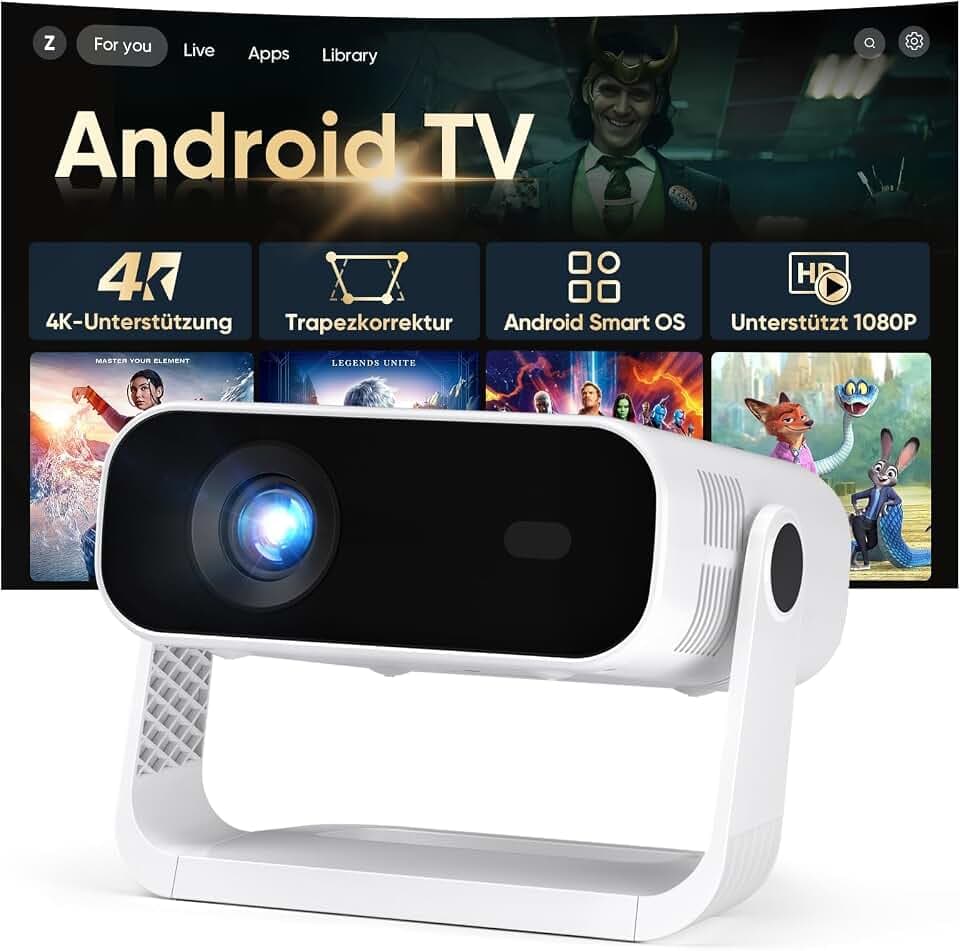 2026 Neuer Smart Mini Beamer Integrierte APP, Android 14, Unterstützt 1080P und 4K-Dekodierung, Automatische Trapezkorrektur, WiFi6 & BT5.2 ,Beamer 4K Heimkino für Handy/HDMI/PC
