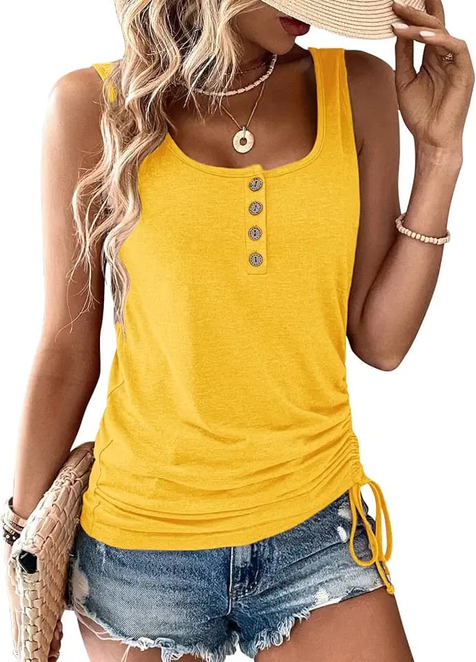 Womens U Neck Tank Tops Summer Sleeveless Loose Button Casual Henley Shirts