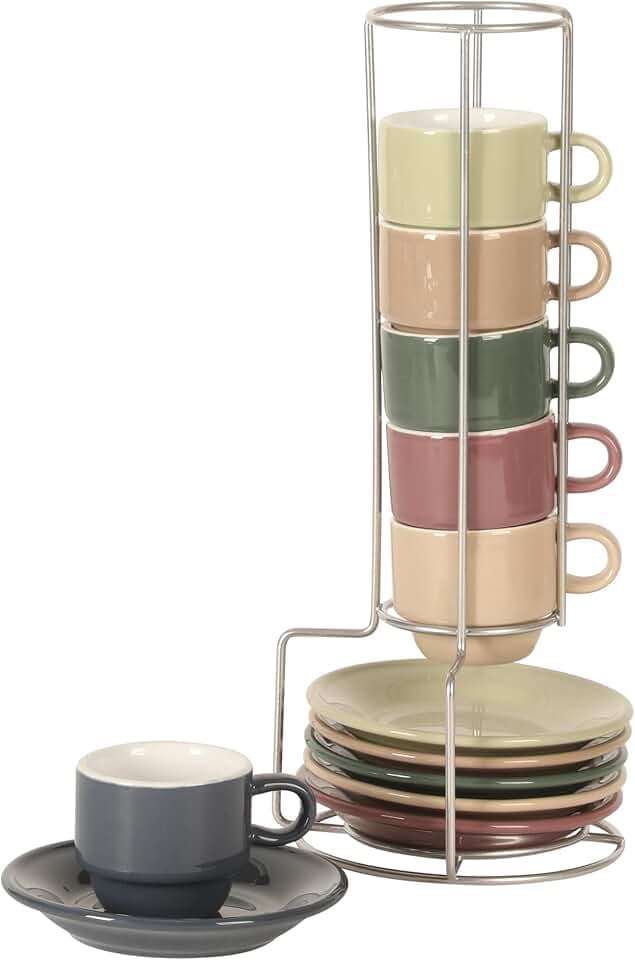 Gibson Home Brew Harmony 13 Piece Espresso Cup Set with Metal Rack, Stoneware Espresso Cups & Saucers, Solid Color Stackable Coffee Set, Café Style, Dishwasher & Microwave Safe
