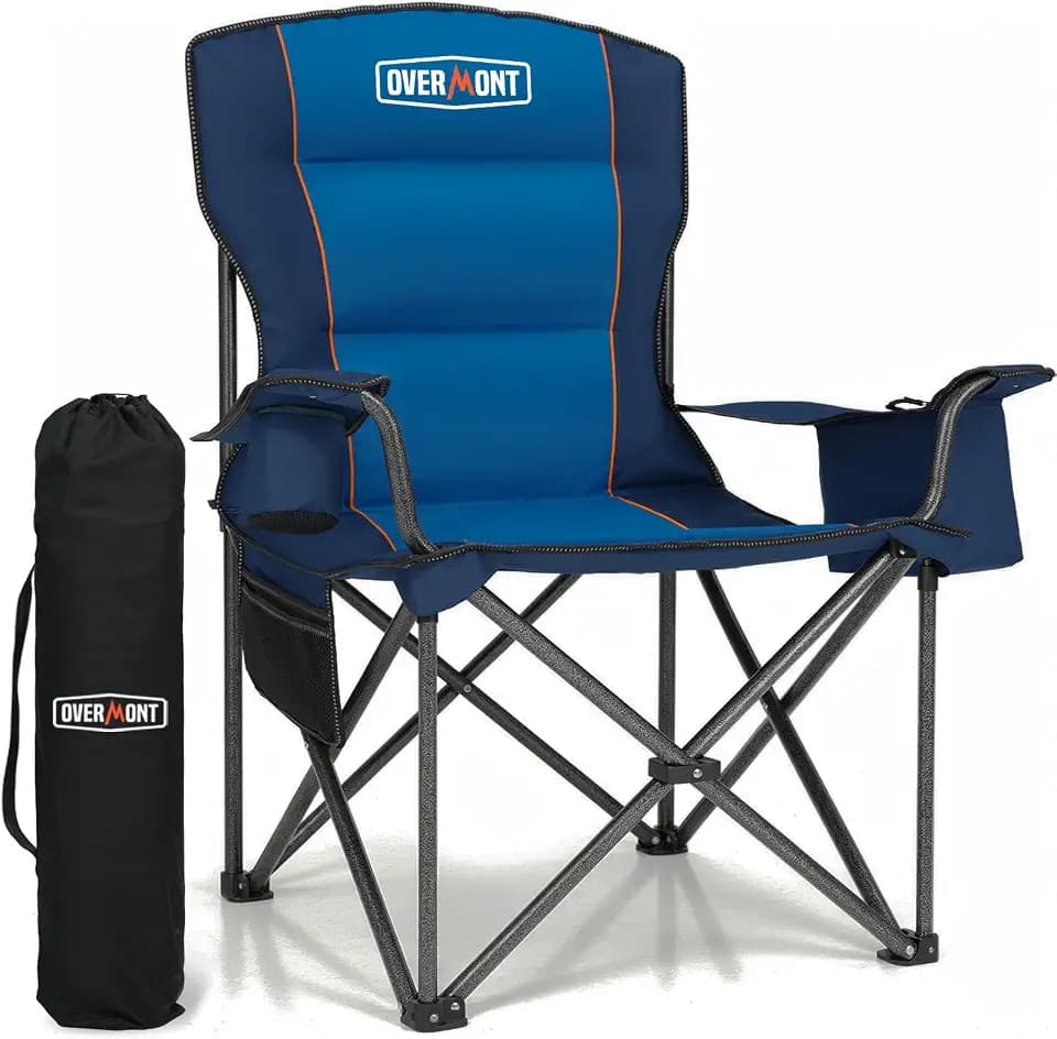 Overmont Oversized Folding Camping Chair - 450lbs Support with Padded Cushion Cooler Pockets - Heavy Duty Collapsible Chairs for Sports Garden Beach Fishing Blue