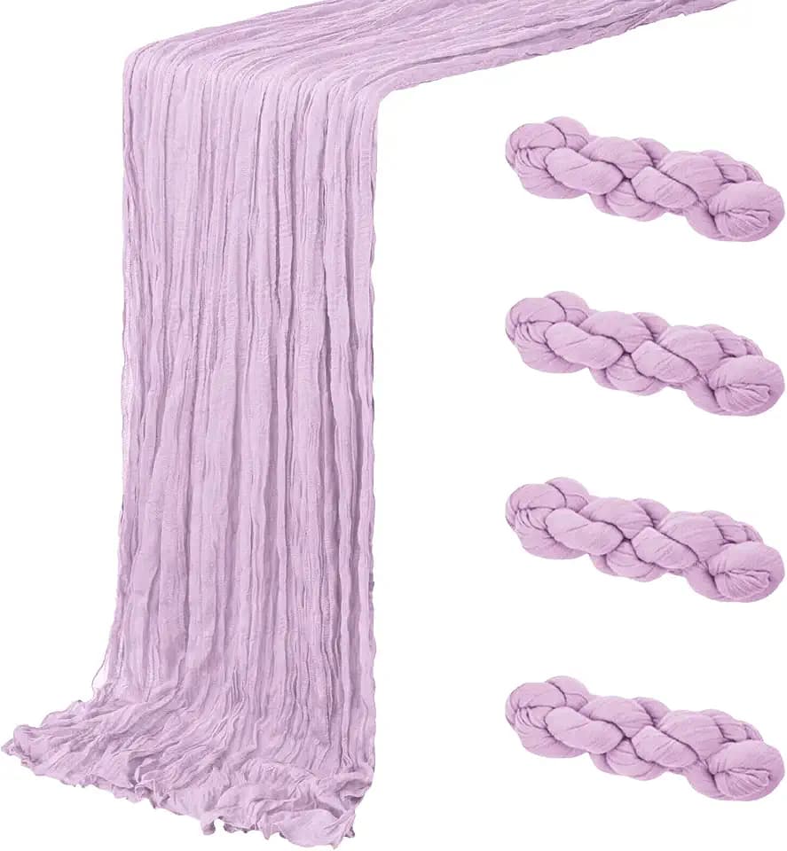 4 Pack Lavender Cheesecloth Table Runner 20 x 120 inch Gauze Table Runners 10 FT Long,Semi Sheer Boho Cheese Cloth Fabric Table Runner Bulk for Wedding,Party,Baby Shower,Bridal Shower Decoration