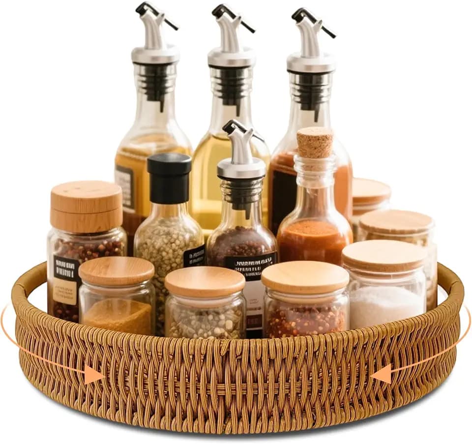 12 Inch Rattan Lazy Susan Organizer for Cabinet with Handles