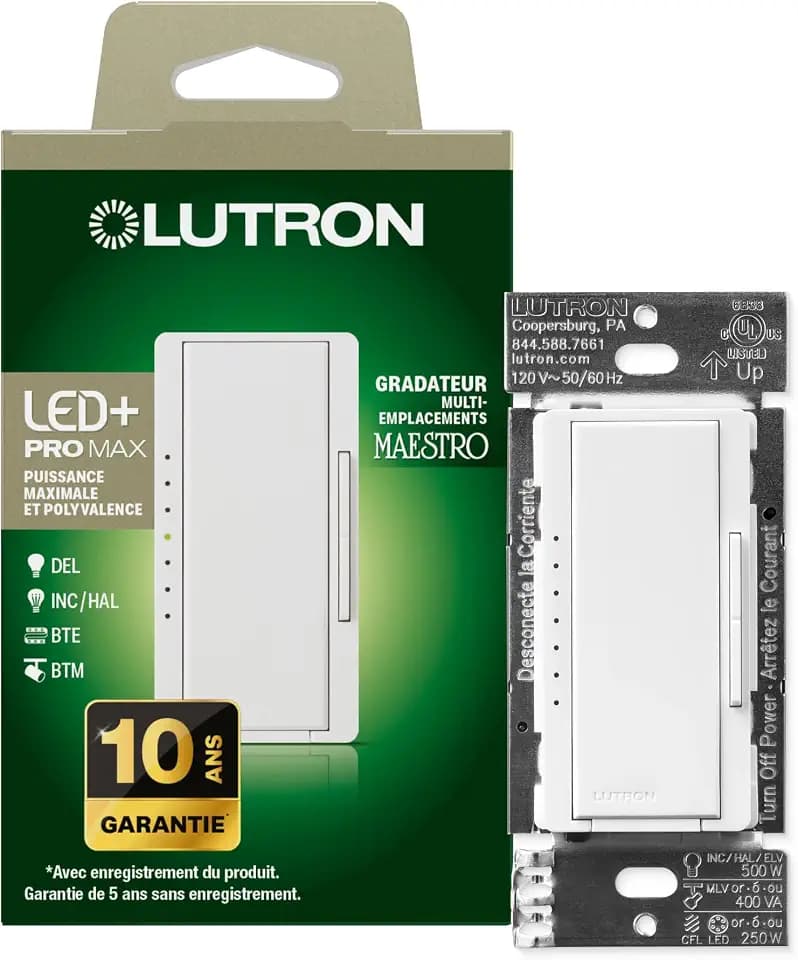 Lutron Maestro PRO LED+ Tap Dimmer Switch for 250W LED, 500W ELV, 400W MLV, Single Pole/Multi-Location, Neutral Wire Optional, MA-PRO-WH, White