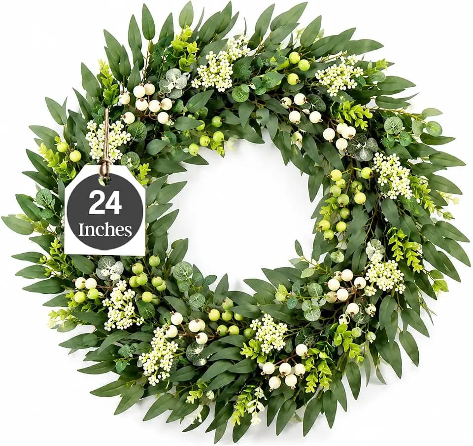 24 Inch Olive Wreath for Front Door, Artificial Olive Leaf Greenery Decor