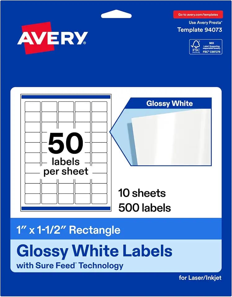Avery Glossy White Rectangle Labels, 1" x 1.5", Sure Feed Technology, Laser/Inkjet Printer Compatible, 500 Printable Labels Total, Great for Branding, Packaging, and More