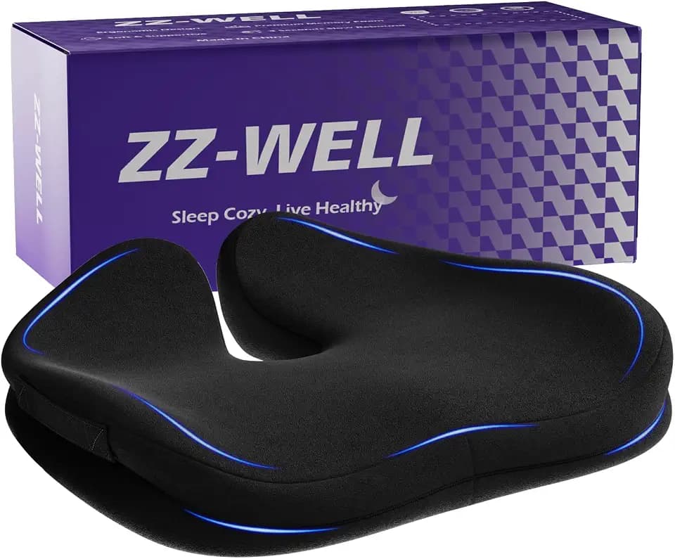 ZZ-WELL Seat Cushions for Office Chairs, Patented Pressure Relief Coccyx Cushion for Tailbone Pain, Memory Foam Butt Pillows for Wheelchair Car Sitting, Carrying Handle, Non-Slip (Black, Large)