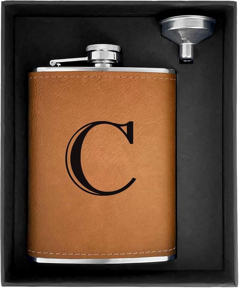 CARAKNOTS Leather Flask for Men, Groomsmen Gifts for Wedding Initial C 8 oz