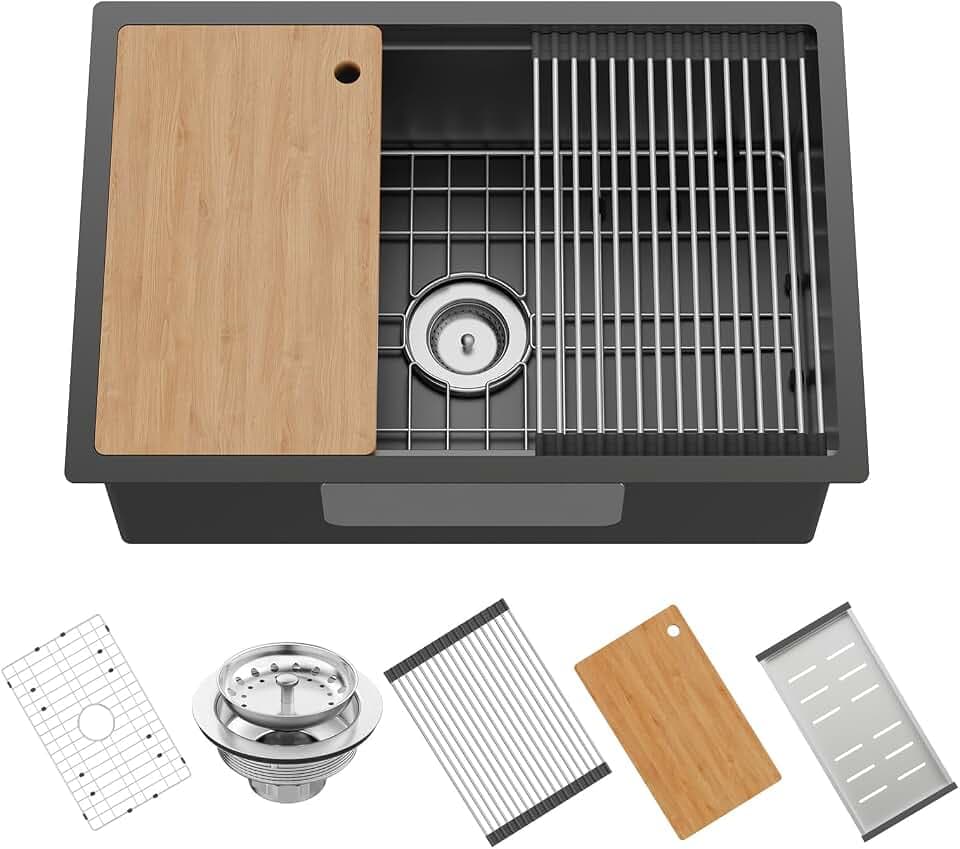 28x19 Black Stainless Steel Kitchen Sink Workstation,Undermount,Single Bowl