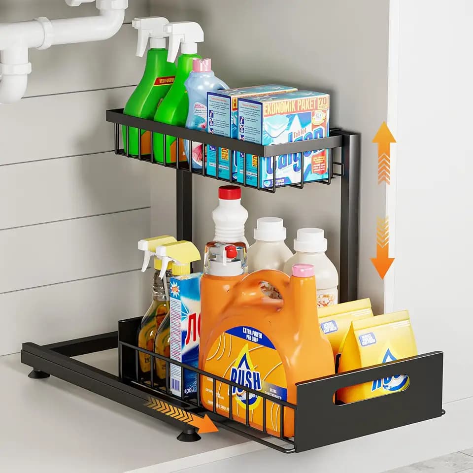 Saydear L-Shaped Under Sink Organizer, 2-Tier Pull-out Cabinet Rack 1-Pack