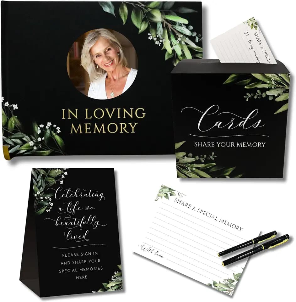All-in-One Funeral Guest Book Set – Memorial Guestbook, Funeral Register Book, Celebration of Life Guest Book, Condolence Book, Memory Cards & Keepsake Collection Box - Memorial Keepsake