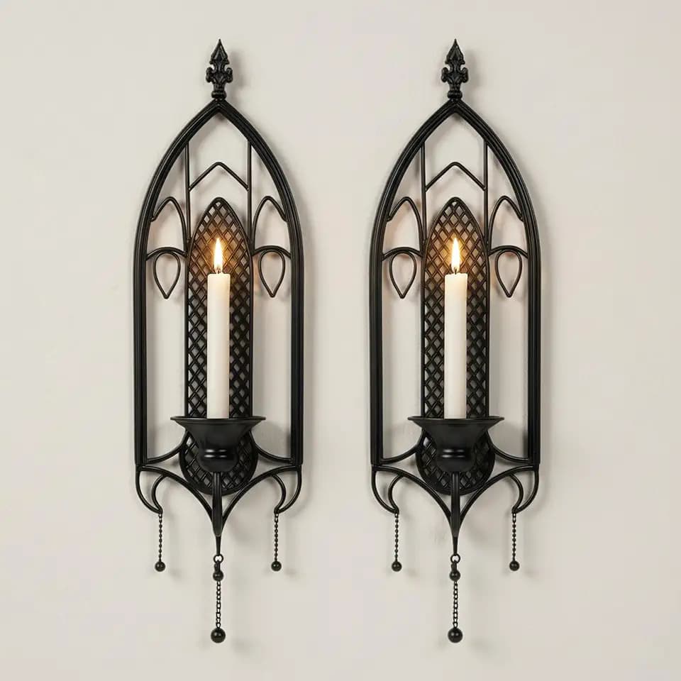 Black Iron Candle Sconces Gothic Wall Candle Holders Set of 2, Wall Mounted Candlestick 23.2" Tall, Medieval Home Decor for Bedroom Living Room Dining