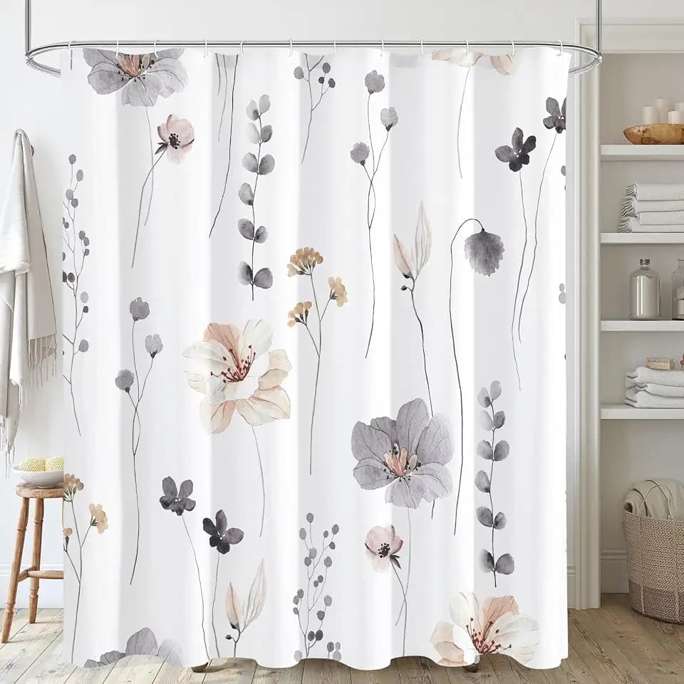 Gibelle Charcoal Grey Watercolor Floral Fabric Shower Curtain, 72x72