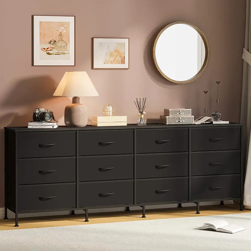 70 Inch TV Stands for Living Room, 12 Fabric Drawers, Charging Station, Long Entertainment Center Up to 80 Inch TV, Media Console Table with Storage for Bedroom, Entryway,