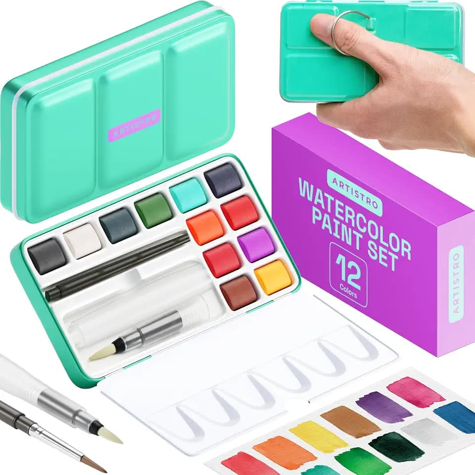 ARTISTRO Vivid Watercolor Paint Set with Palette & Brush Pens - 12 Colors