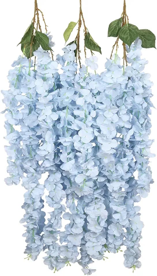 3PCS Light Blue Wisteria Hanging Flowers, 5.25ft Wisteria Garland with 6 Branches Realistic Silk Baby Blue Hanging Flowers for Decoration, Wedding Arch, Party Backdrop, and Home Wall Decor