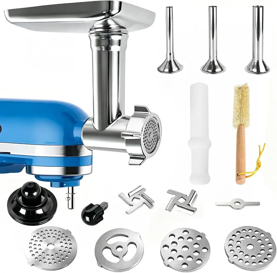Meat Grinder Attachment for KitchenAid Stand Mixer, Stainless Steel Food Grinder with 3 Sausage Stuffer Tubes, 4 Grinding Plates, 3 Grinding Blades, 1 Making Meatballs Mixer Attachment for KitchenAid