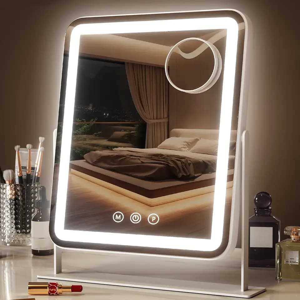 Saliwa Vanity Mirror with Lights, 16.3" x 13" Lighted Makeup Mirror with 3 Color Lights, Stepless Dimming, 5X Magnifying Mirror for Desk & Bedroom, 360° Rotation, Gift for Women, Mom, Daughter