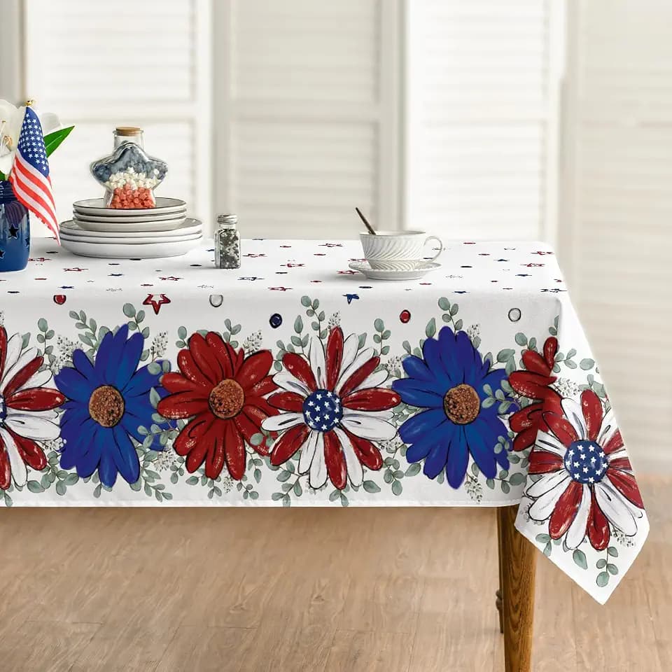 Horaldaily 4th of July Tablecloth 52×70 Inch Rectangular, Patriotic Flowers Rose Independence Day Memorial Day Washable Seasonal Table Cover for Party Picnic Dinner Decor