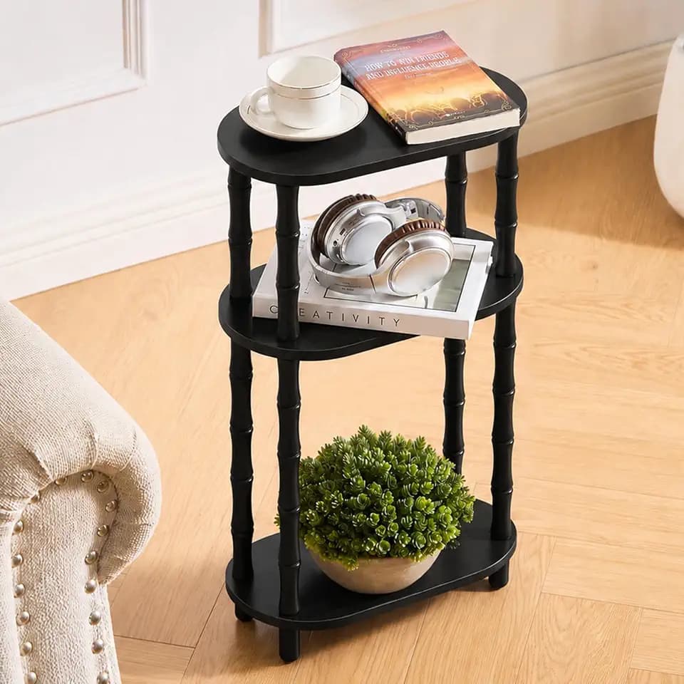 Narrow End Table, Small Side Table with 3-Tier Storage Shelf, Black