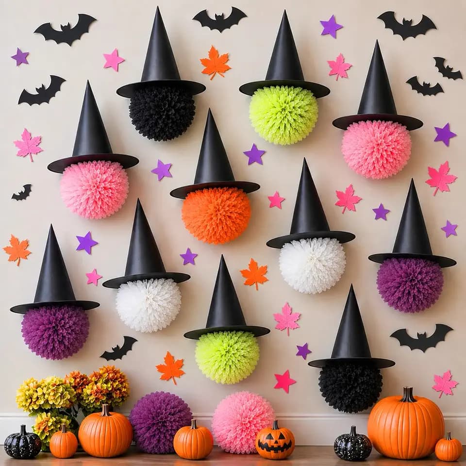 Crtiin 24 Pcs Halloween Witch Hat Hanging Decor and Colorful Pom Poms
