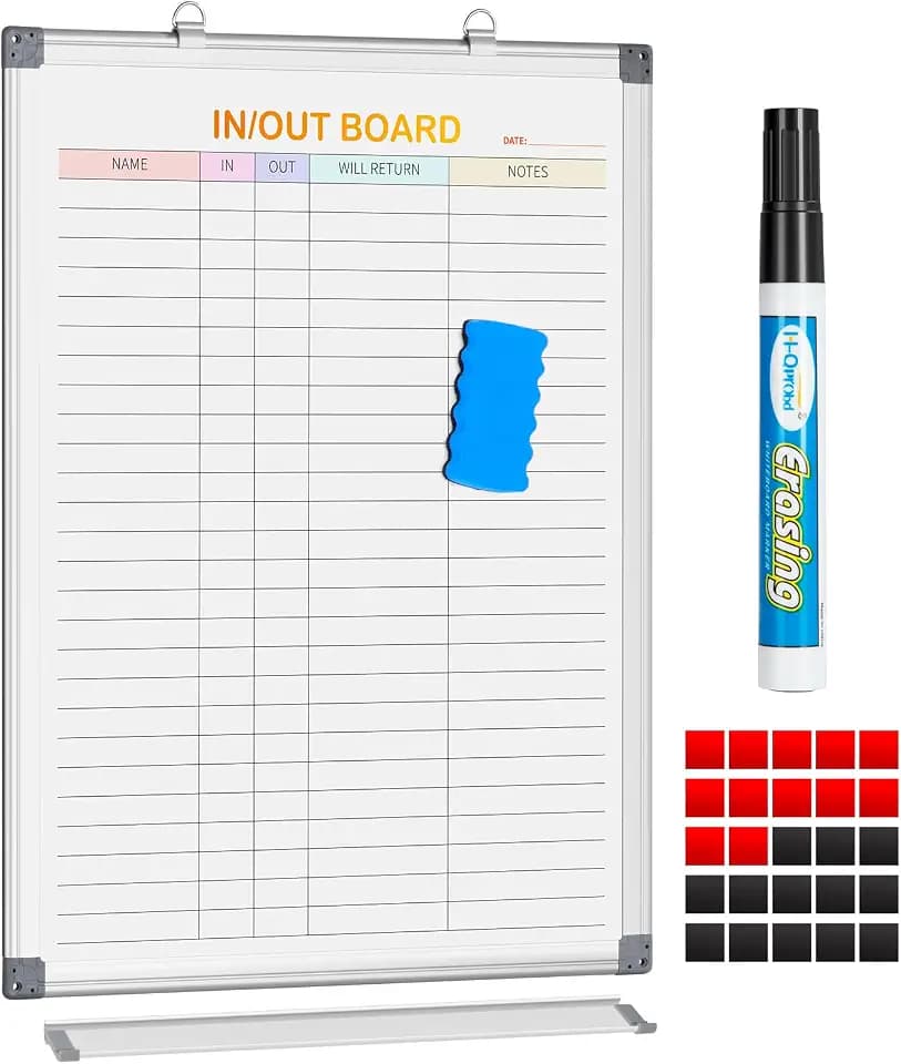 in/Out Dry-Erase Board for Wall,24" x 18" Magnetic Dry Erase Board Aluminum Frame, Hanging Whiteboard for Office Employee Schedule Tracker