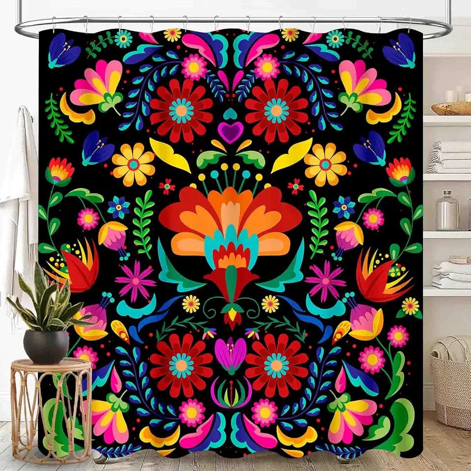 Mexican Fiesta Floral Shower Curtain, Colorful Mexcian Floral Cinco De Mayo Dia De Los Muertos Boho Birds Patterned Black Waterproof Fabric Bathroom Shower Curtain Set with Hooks, 72"x72" Inch