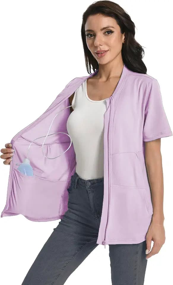 Post Mastectomy Zip Up Shirts with Drain Pockets Surgery Recovery Must Haves Clothing Comfy Short Sleeve Shirts