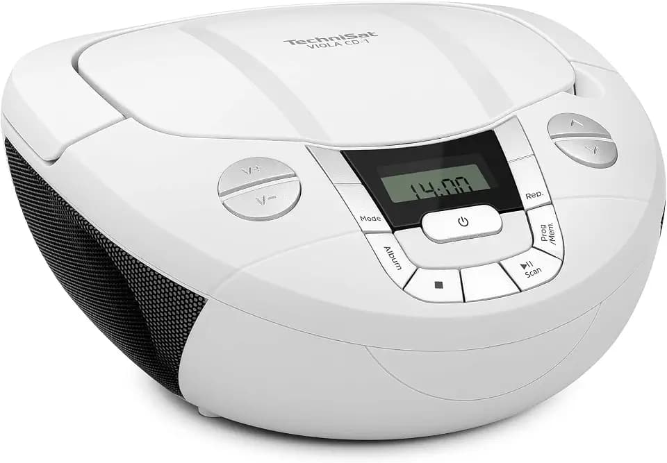 TechniSat Viola CD-1 - tragbarer Stereo CD-Player, Boombox mit praktischem Tragegriff (Radio für Kinder, UKW Radiotuner, Bluetooth-Empfang, 2 x 1 W RMS-Leistung, Netz- und Batteriebetrieb) weiß