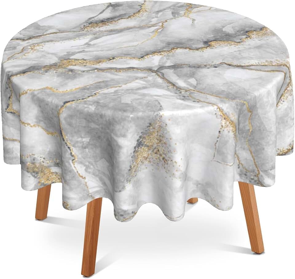 Marble Round Tablecloth 60" Diameter for Indoor and Outdoor,White Golden Marble Waterproof Table Cloth Cover Decorative for Party and Camping Holiday Dinning Tabletop Home Décor