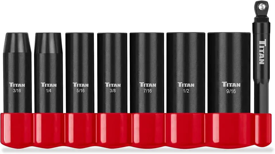 Titan 46301 8-Piece 1/4-Inch Drive SAE Deep Impact Socket Set, 6-Point, SAE Sizes 3/16 to 9/16-Inch