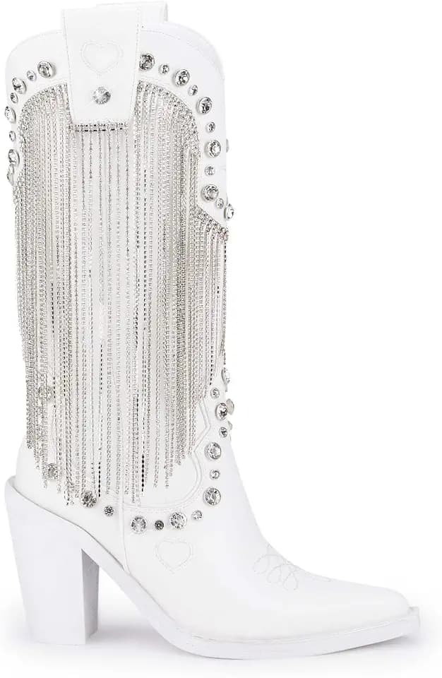 Dolls Kill Present Perfect Cowboy Boots by Sugar Thrillz - Vegan Leather Footwear With Rhinestone Fringe and Jewel Studs