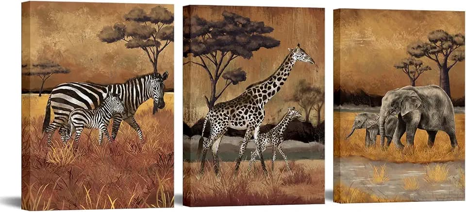 FuShvre Safari Wall Art Zebra Giraffe and Elephant Canvas Painting Africa Animal Artwork Brown Bathroom Wall Decor Framed 12x16 Inch Each