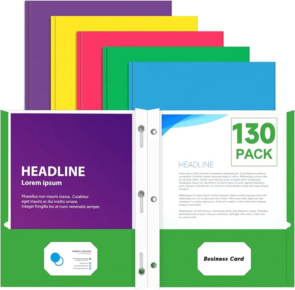 PANDRI 130 Pack Two Pocket Paper Folders with Prongs, Letter Size, 5 Colors