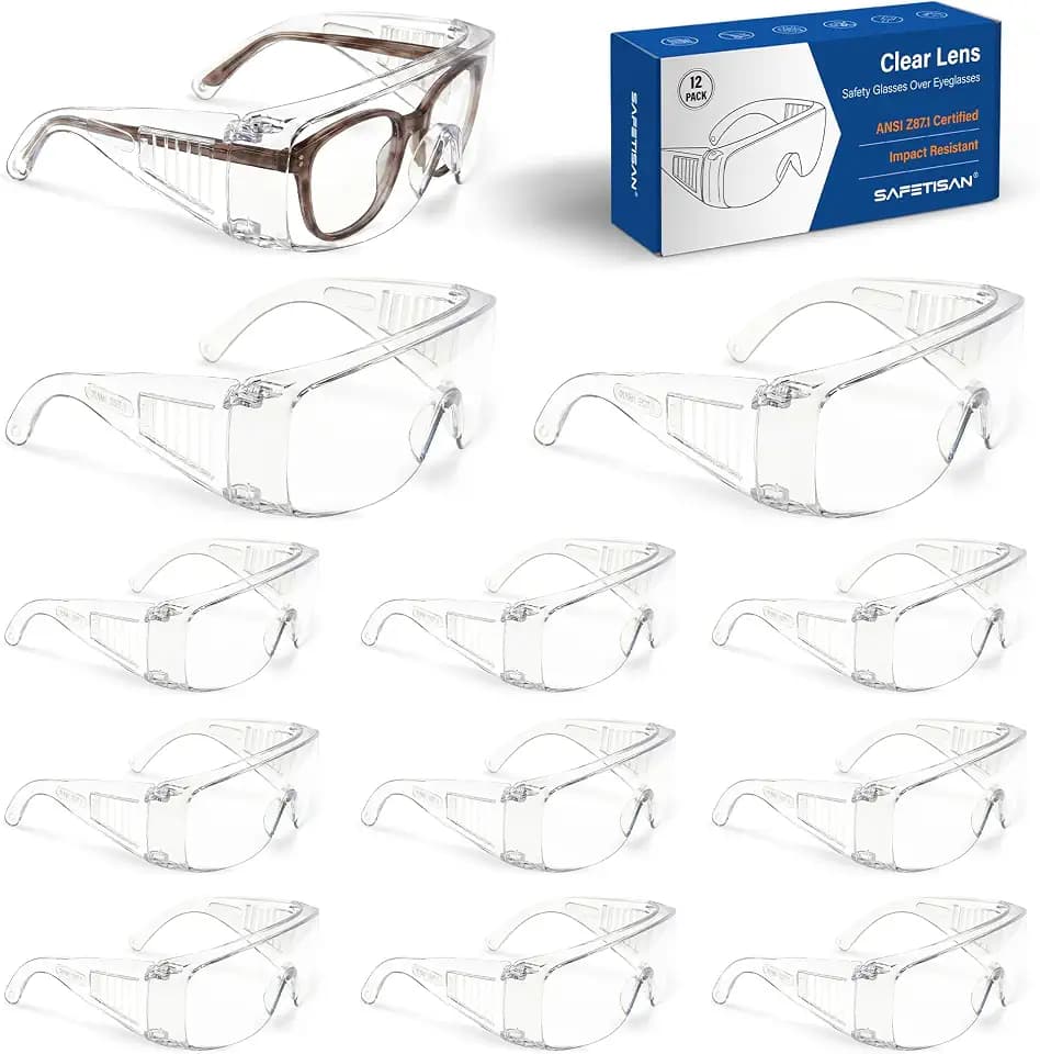Safety Glasses Over Eyeglasses 12 Pack ANSI Z87.1 Impact Scratch Resistant Wide Vision, Clear Safety Goggles for Prescription Glasses Lightweight Protective Eyewear for Men Women Lab Construction
