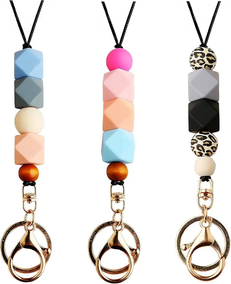 3PCS Teacher Breakaway Lanyards for Id Badges and Keys, Beaded Cute Badge Lanyards for Women Soft Nurse Necklace Boho Lanyards Fashion Silicone Bead Lanyard