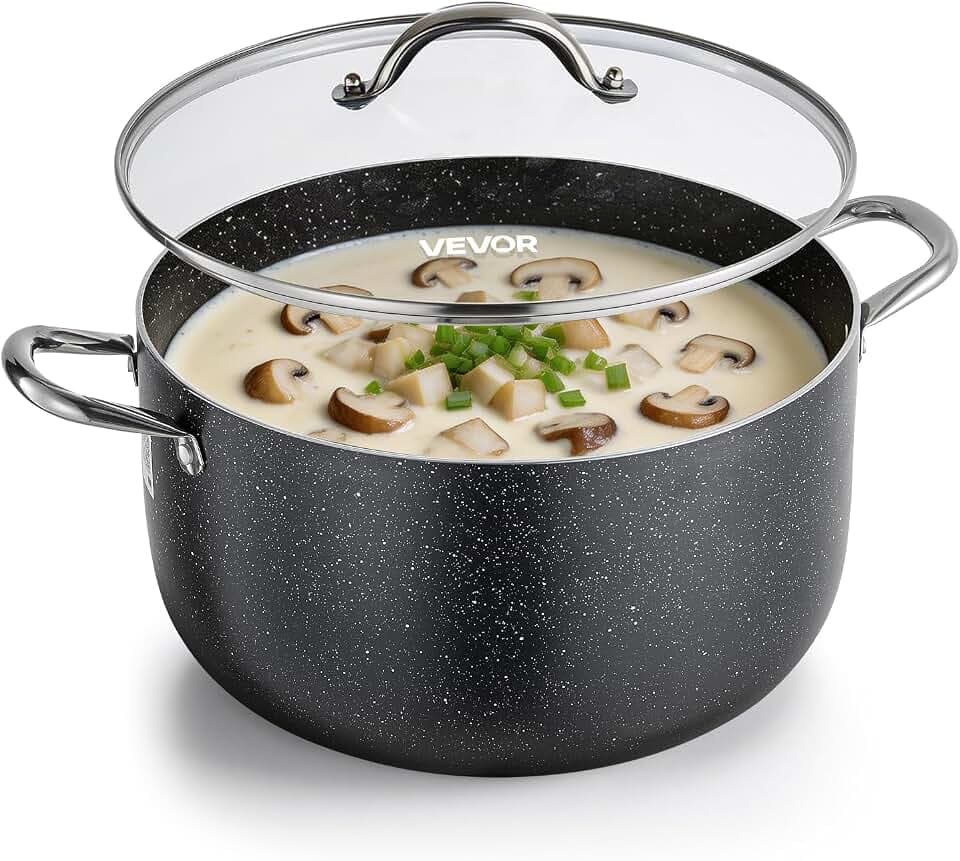 VEVOR Aluminum Stock Pot, 12-Quart Nonstick Ceramic Coated Pot with Glass Lid, PFOA-Free, PFAS-Free, Compatible with Gas Stoves, Induction Cooktops, Electric Stoves, for Soups, Stews, and Pasta