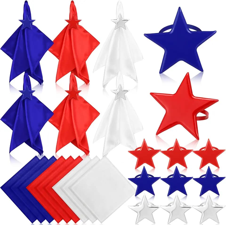 24 Pcs Patriotic Cloth Napkins with Metal Star Rings Set