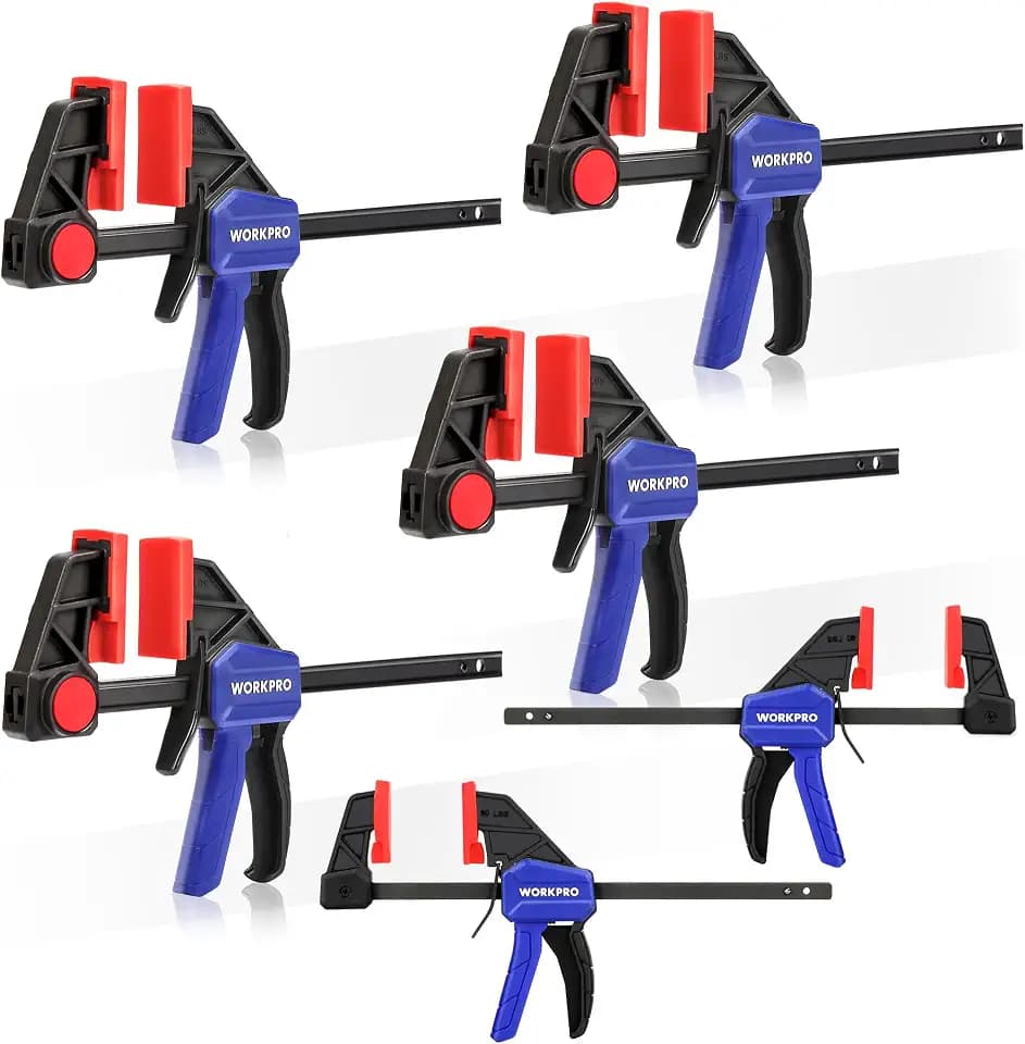 WORKPRO Mini Bar Clamps for Woodworking, 6PC One-Handed Spreader/Bar Clamp, 6-Inch (4) Light-Duty Quick-Change Wood Clamps Set and 6-Inch (2) Mini F Clamp, 150 lbs&50 lbs