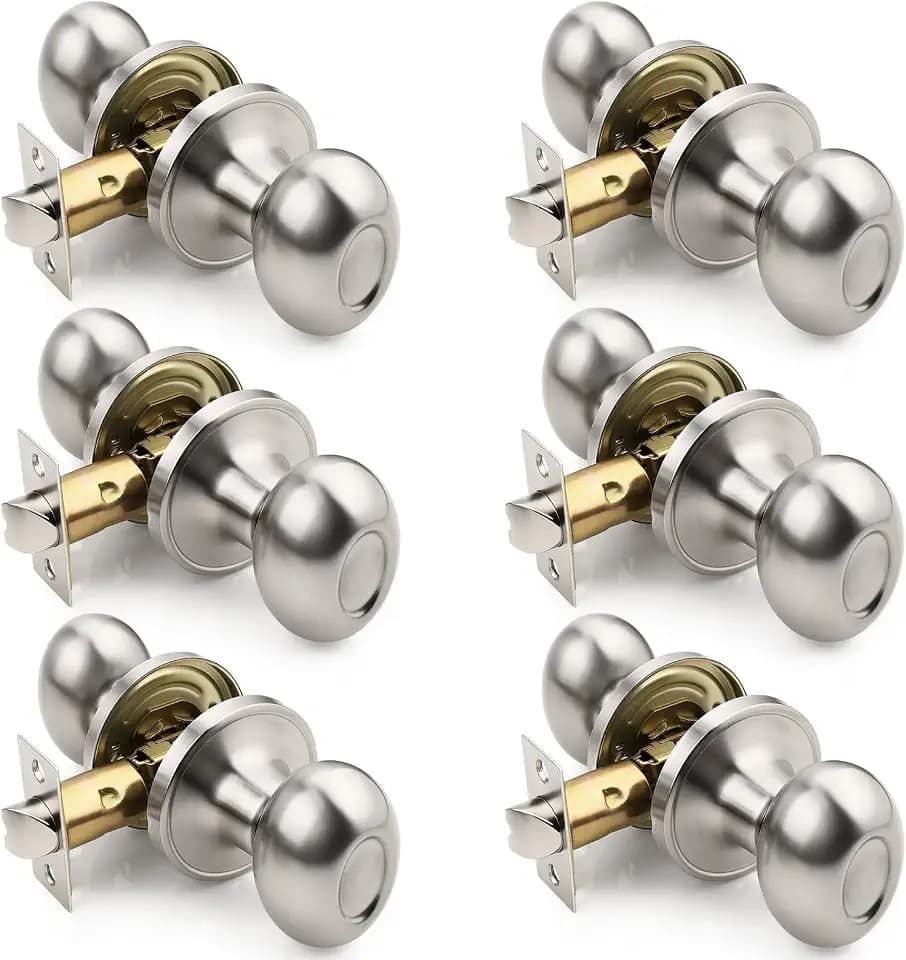 KNOBWELL 6 Pack Brushed Nickel Closet Door Knob with Oval Style Knob, Interior Passage Door Knobs for Hallway, Keyless Non-Locking Indoor Door Knobset