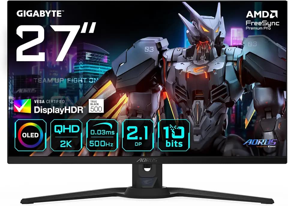 Gigabyte AORUS FO27Q5P OLED QHD Gaming-Monitor – 2560 x 1440, 500Hz, 0,03ms, KVM, 300 cd/m², FreeSync Premium Pro, DisplayHDR True Black 500, DisplayPort 2.1