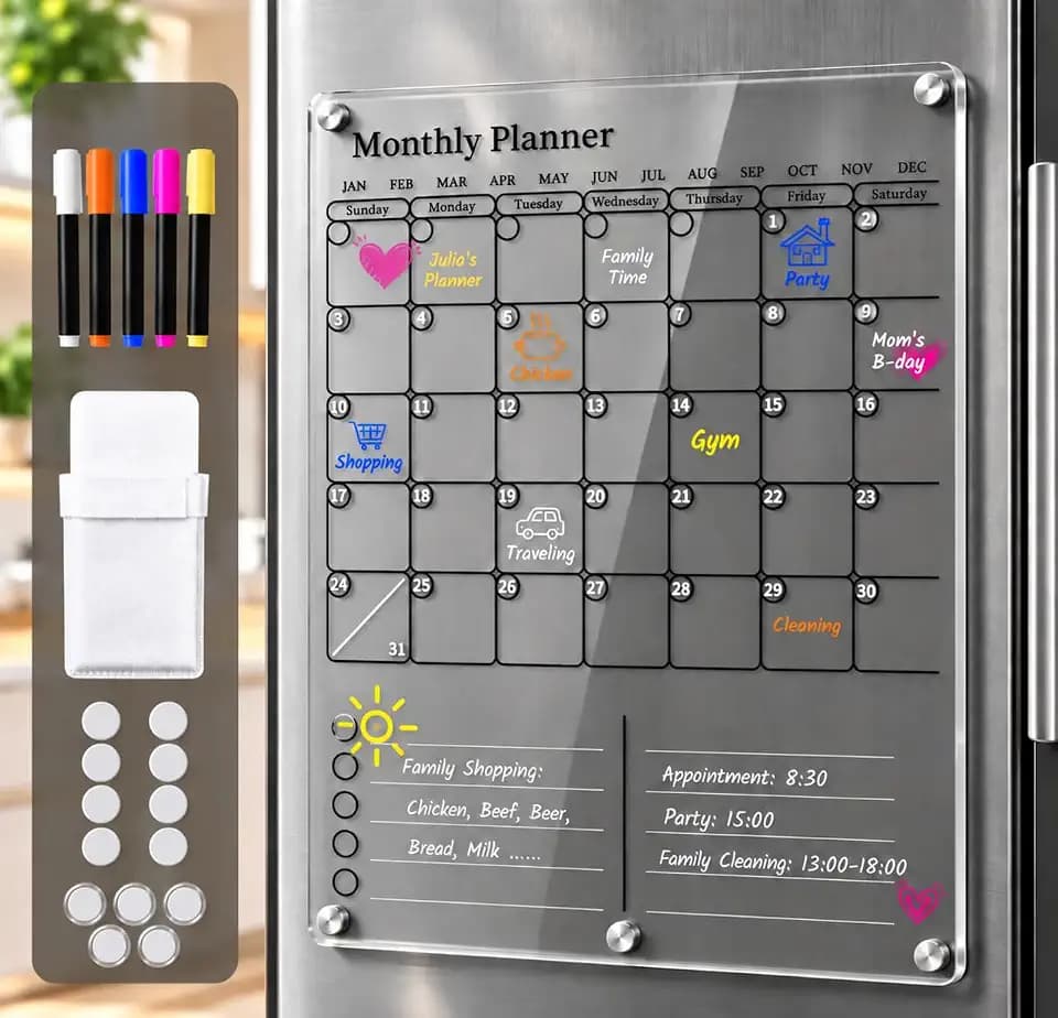 Magnetic Calendar for Refrigerator, Thick Acrylic Fridge Calendar with Strong Magnets, Clear Dry Erase White Board, 2in1 Monthly Weekly Planner, Family Organizer with 5 Color Visible Marker (Black)