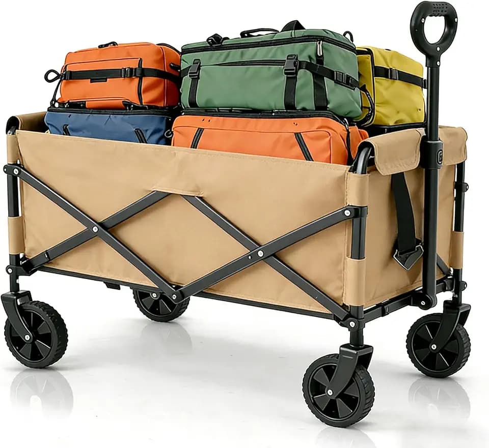 Heavy Duty Collapsible Wagon Cart Rear Tailgate Design, 350lb Capacity 100L Extra Large Foldable Utility Wagon, Portable Folding Garden Cart with Cup Holders for Camping, Groceries, Beach(Khaki)