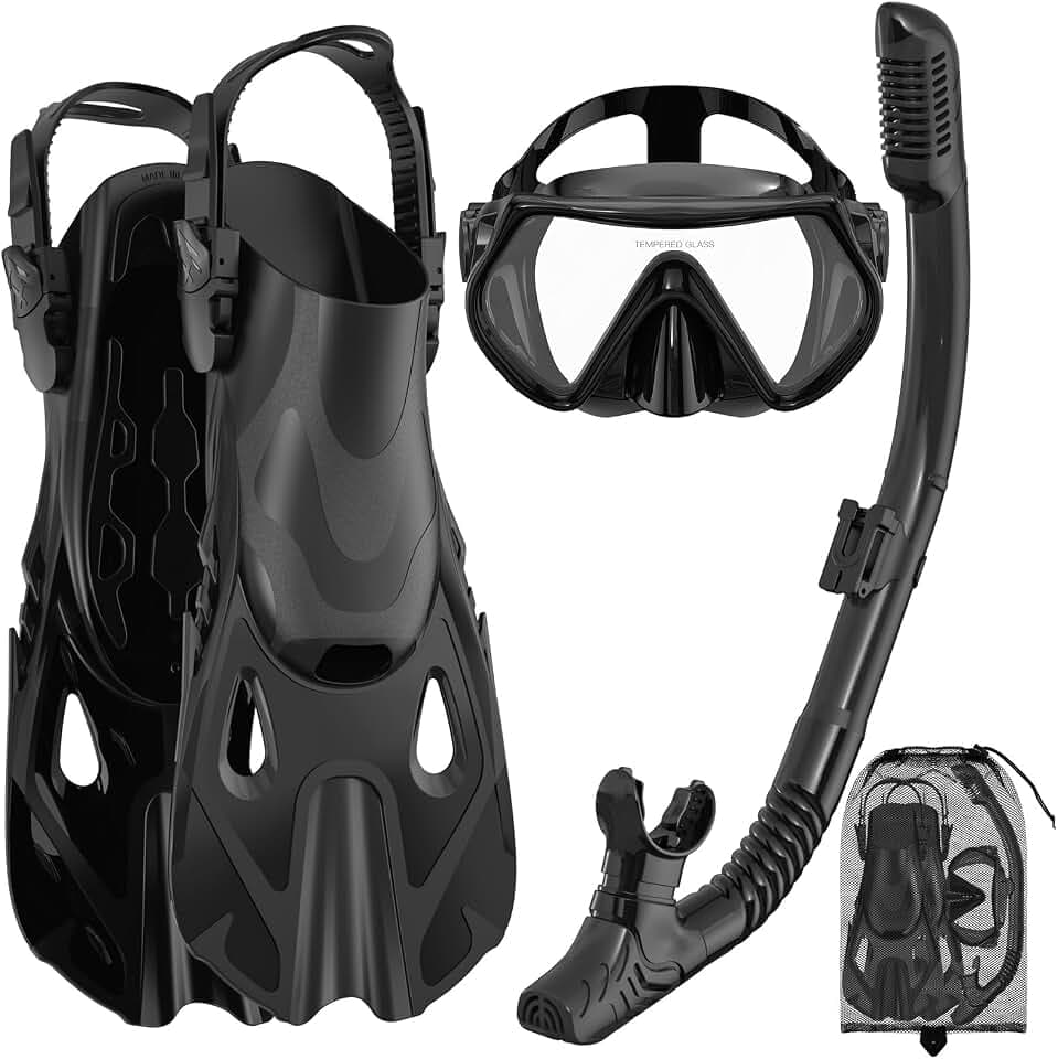 Snorkeling Gear Set for Adults – Dry Top Snorkel Set, Panoramic Anti-Fog Mask, Adjustable Swim Fins – Travel Diving Kit with Storage Bag