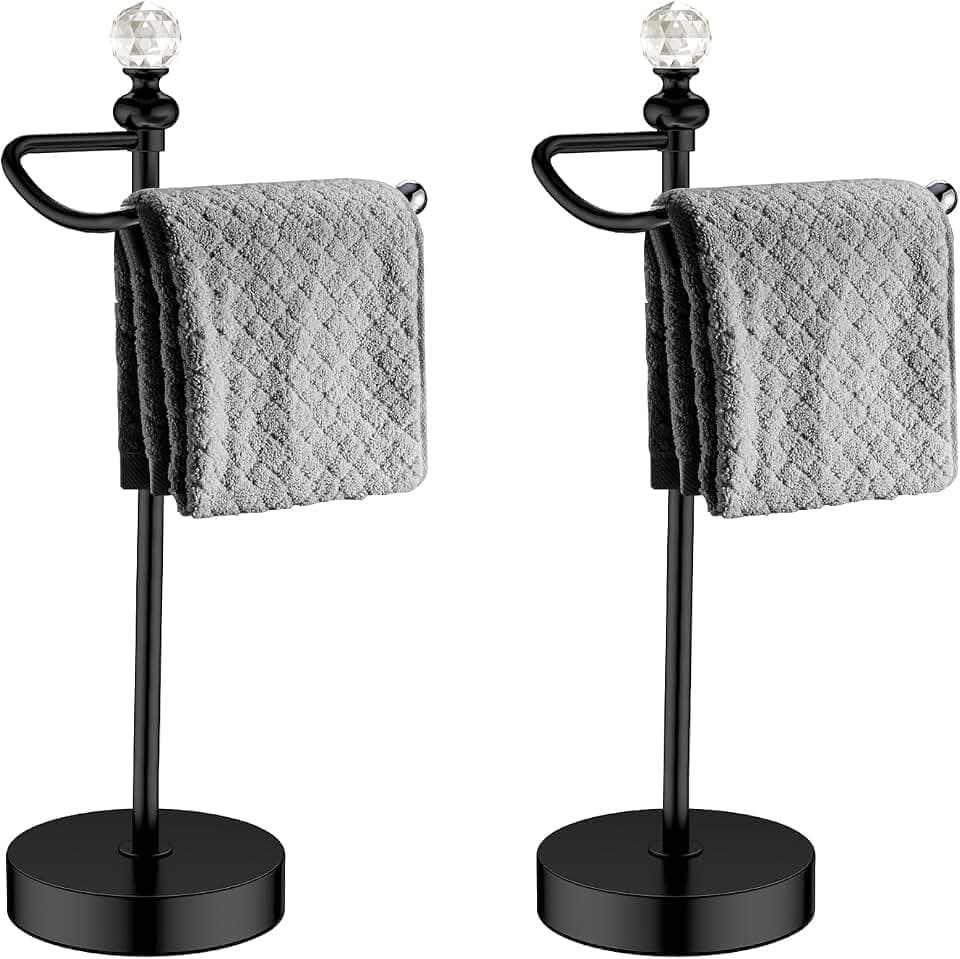 ROLABAM Bath Hand Towel Holder Stand, 2 Pack Stainless Steel Black Towel Rack Hand Holder for Bathroom, Small Countertop Free Standing Hand Towel Rack with Heavy Base (Matte Black, 2 Pack)